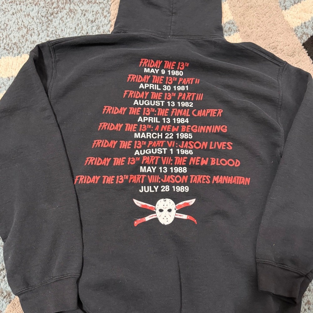 Friday the 13th Jason Voorhees Horror Movie List Hoodie Black Mens Medium - Picture 8 of 8